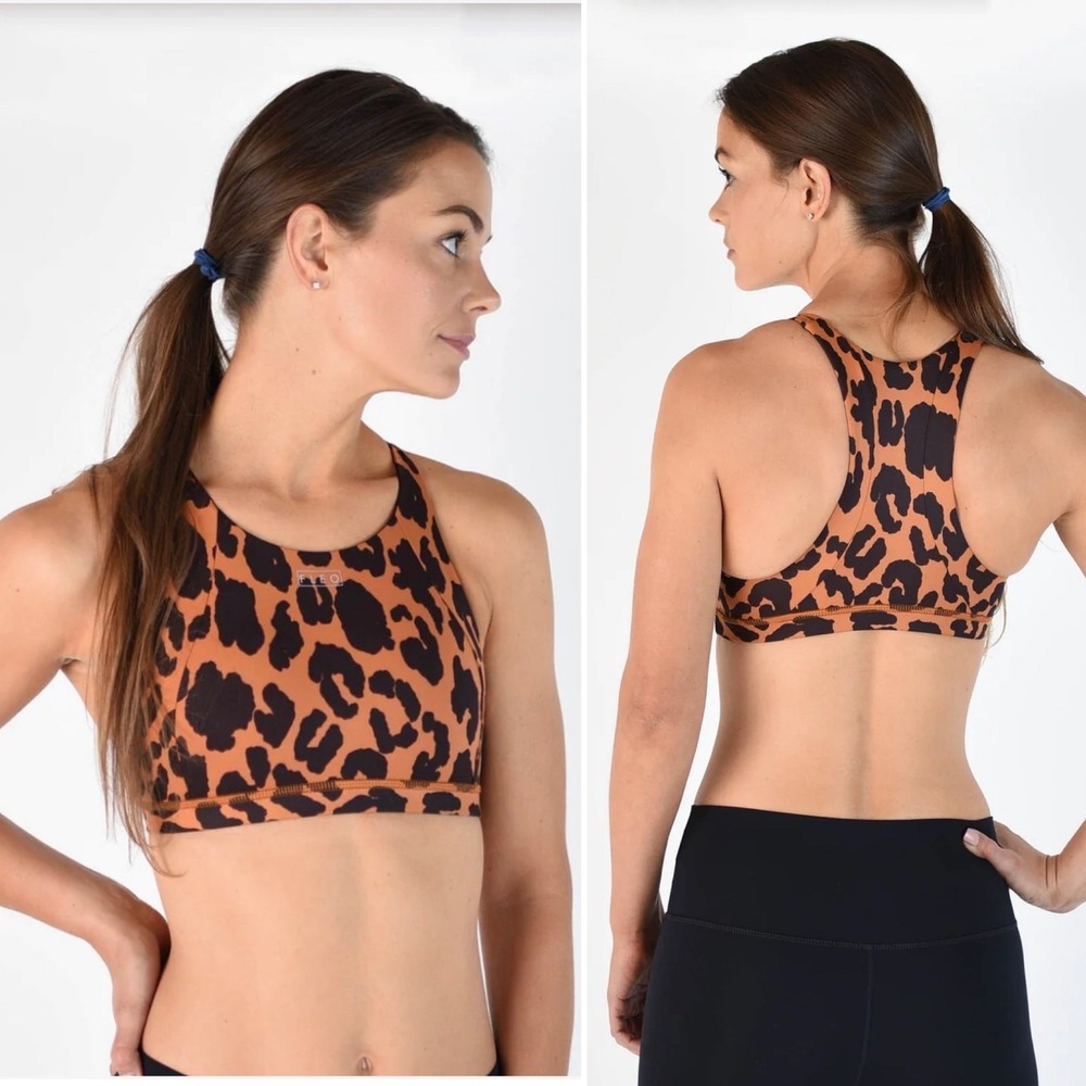 Fleo Leopard Animal Print Sports Bra S Brown Black High Neck Gym Cross Fit Lift